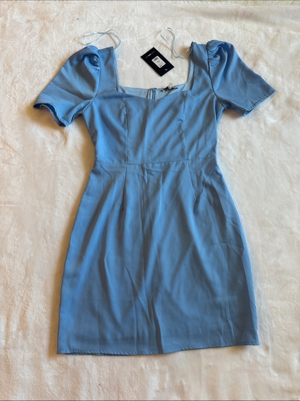 Fashion Nova Sky-Blue Puff Sleeve Square Neck Mini Dress